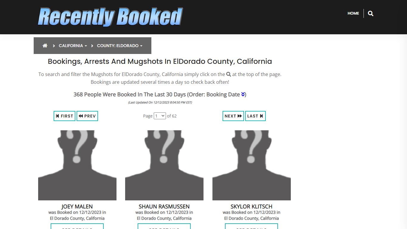 Recent bookings, Arrests, Mugshots in ElDorado County, California